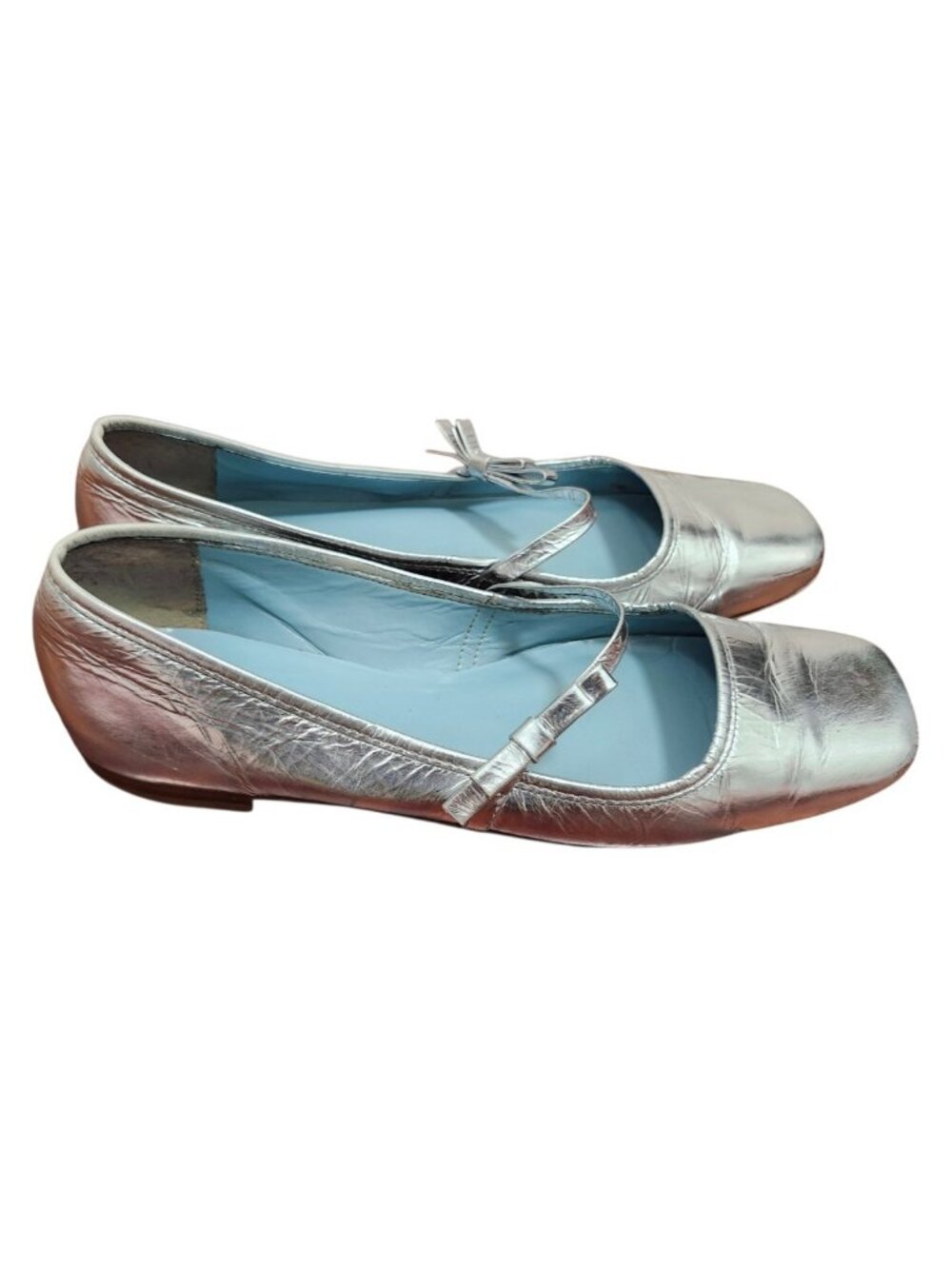 Frances Valentine Silver Metallic Leather Mary Jane Ballet Flats Bow Shoes Sz 9B - Picture 5 of 14